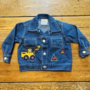 Vintage Baby Boys Denim Jacket 12M Construction Patches Jeans Truck Machine Kids